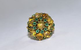 15ct Gold - Fine Quality Emerald and Fire Opal Cluster Ring with Flower head Setting.