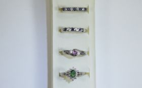 4 x Silver Stone Set Rings Set of Stacking rings in various designs with pink,