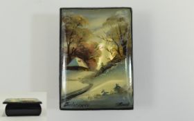 Fine Quality Rectangular Russian Lacquer Table Box hand painted depicting winter featuring country