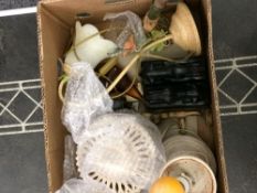 Box of Miscellaneous Oddments and Collectables comprising table lamps, plates, brass ware,