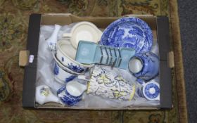 Box of Assorted Ceramics including blue and white, trinkets,