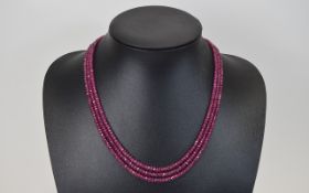 Ladies Triple Strand Polished Burmese Ruby Necklace. Free-form polished rubies.