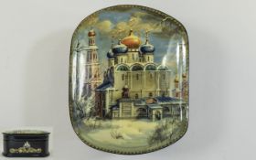 Fine Quality Oval Shaped Russian Lacquer Table Box hand painted depicting winter scene of typical