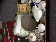 Box of Miscellaneous to include framed picture, tin, Mid Winter part teaset, 2 diecast cars etc.
