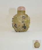 Chinese Early 20th Century Jade Snuff Bottle with Rose Quartz Cover. Interesting Item. 3.75 Inches.