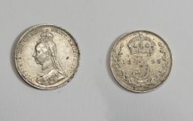 Queen Victoria Jubilee Head Silver Three Pence, Date 1893. High Grade Coin, E.F.