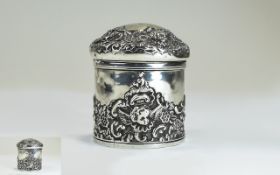 Edwardian Embossed and Ornate Silver Lidded Circular Shaped Trinket Box decorated with embossed