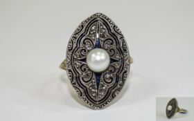 Antique - Very Fine Gold Set Marquise Shaped Diamond and Pearl Dress Ring.