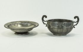 Civic Pewter Two Handled Bowl, numbered 1173. Planished body, diameter 9 inches. Together with an