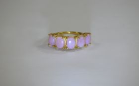 Pink Opal Five Stone Ring, five elongated cushion cut pink opals set in a row across the finger,