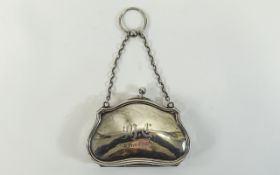 Edwardian - Ladies Shaped Silver Purse with Attached Silver Chain and Fitted Interior.