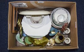Box of Miscellaneous Pottery comprising 4 white Shelley Plates, Staffordshire bowl, trinket dishes,