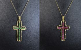 Ruby, Emerald and White Zircon Double Sided Cross Pendant and chain; the cross, which swivels to