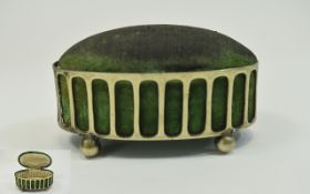 Green Velvet And Silk Lined Trinket/Jewellery Case Mounted In A Oval EPNS Frame Raised On Four