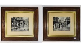 A Fine Pair of Victorian Black and White Prints on Silk, Within Period Oak Frames, London Street