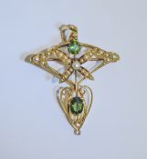 Art Nouveau - Fine 15ct Gold Tsavorite Garnet and Seed Pearl Pendant / Brooch. Marked 15ct. 1.