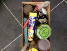 Box of Assorted Collectables including tins, badges and childrens' toys.