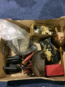 Box of Assorted Collectables including old irons, vintage mincer, 1950's childrens; toy guns,