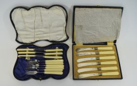 Edwardian Boxed Set of Six Bone Handle Fruit Knives and forks.