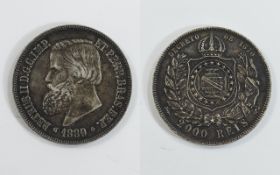 Dom Pedro II Brazilian Silver 2000 Reis, Date 1889. Reverse Design Imperial Arms, High Grade Coin.