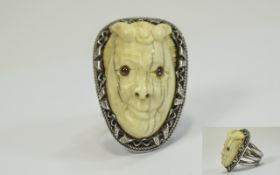 Egyptian Carved Ivory Ring, large novelty ring in silver.