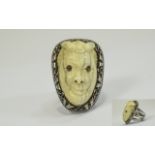 Egyptian Carved Ivory Ring, large novelty ring in silver.