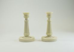 English - Nice Quality Art Deco Pair of Ivory Solid and Heavy Candlesticks with Turned Columns on
