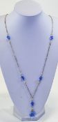 Antique - Fancy and Well Made Gilt Metal Set, Pearl and Faceted Blue Glass Long Chain / Necklace.