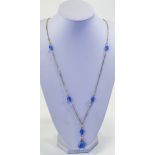 Antique - Fancy and Well Made Gilt Metal Set, Pearl and Faceted Blue Glass Long Chain / Necklace.