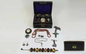 Antique Jewellery Box Containing A Collection of Costume jewellery, some silver, brooches, beads,