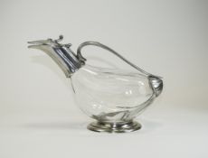 French Nice Quality Silver Plated and Pewter Glass Claret Jug / Decanter In The Form of a Goose.