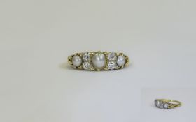 Antique 18ct Gold Gallery Set Pearl and Diamond Ring, The Three Pearls Interspaced by 4 Diamonds.