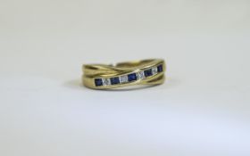 Ladies 9ct Yellow Gold Diamond and Sapphire Set Channel Set Dress Ring. Fully Hallmarked.