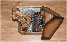 Box of Assorted Collectibles To include sampler and Cuckoo clock