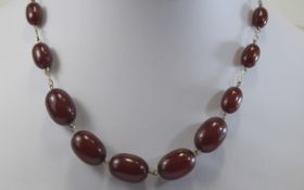 Early 20thC Cherry Amber Necklace 17 Graduated Amber Beads, Metal Link Spacers,