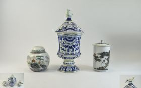 3 Covered Jars - 2 modern eastern lidded jars and Dutch blue & white Delft style lidded vase