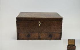 Antique Oak Lidded Sewing Box with 2 Small Drawers to Front, Ivory Escutcheon.