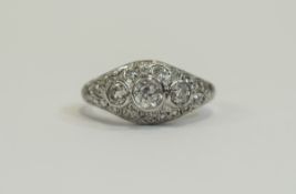 Art Deco Style 18ct White Gold Set Diamond Cluster Ring, The 3 Larger Central Diamonds,