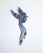 Butler & Wilson Multi Coloured Stone Set, Stylised Bird Brooch with Integral Tassel Drop.