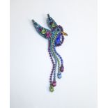 Butler & Wilson Multi Coloured Stone Set, Stylised Bird Brooch with Integral Tassel Drop.