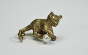 Vintage 9ct Gold Charm Little Kitten Playing With a Ball In The Form of a Pearl.