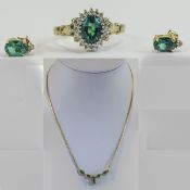 Ladies 9ct Gold Set Emerald and Diamond Matching Necklace, Earrings and Ring.