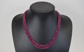 Ladies Triple Strand Polished Burmese Ruby Necklace. Free-form polished rubies. Length 18'', high