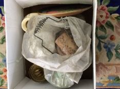 Box Of Miscellaneous Comprising paraffin lamps, vase, wall plaque etc.