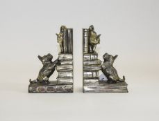 Vintage Metal Bookends. A pair in the form of cats playing on a pile of books. Made of cast plated