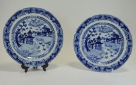 Two Blue and White Plates with Oriental Pattern