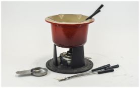 Le Creuset Cast Iron Fondue Set Complete with burner and original forks in red cast iron finish