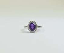 9ct White Gold Set Amethyst and Diamond Cluster Ring,