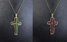 Ruby, Emerald and White Zircon Double Sided Cross Pendant and chain; the cross,
