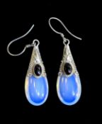 A Fine Vintage Pair of Silver Set Moonstone - Tear Drop Earrings. Marked 925. Each 1.25 Inches High.